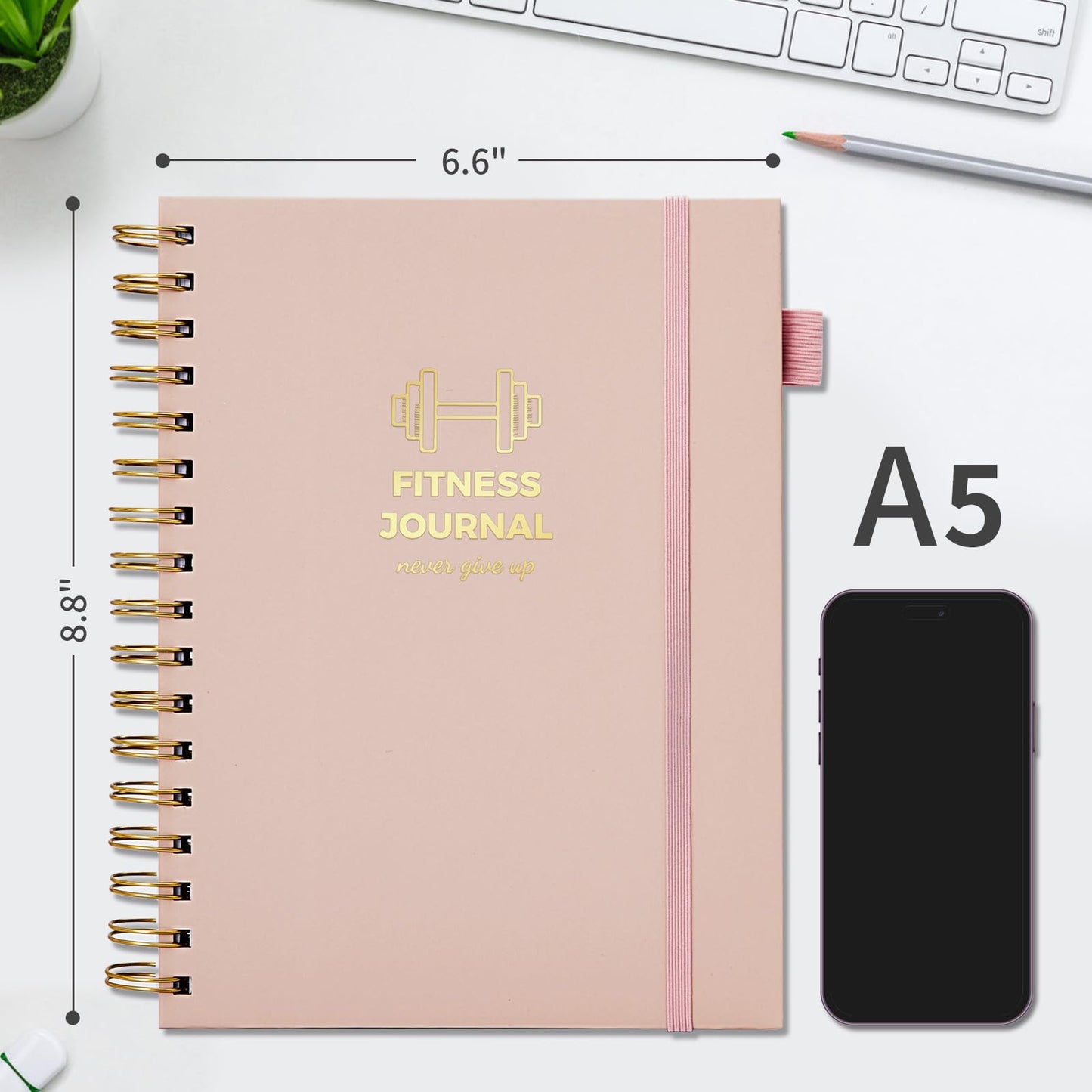 Fitness Journal for Women and Men, 8.8" x 6.6", Workout Log Sprial Book Planner for Tracking Progress and Achieving Your Wellness Goals, Pink
