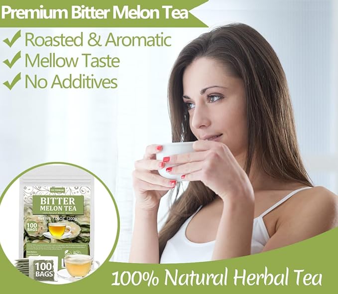 Premium 100 Bitter Melon Tea Bags, Made with 100% Pure Natural Bitter Melon, No Additives & Caffeine Free & No Sugar Added.