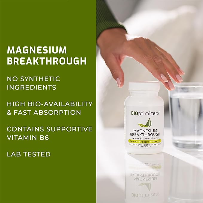 BIOptimizers Magnesium Breakthrough Supplement 4.0-7 Forms of Mg: Glycinate, Malate, Citrate, and More - Natural Support for Sleep and Cognitive Function - 30 Capsules- Calming Vitamins Complex