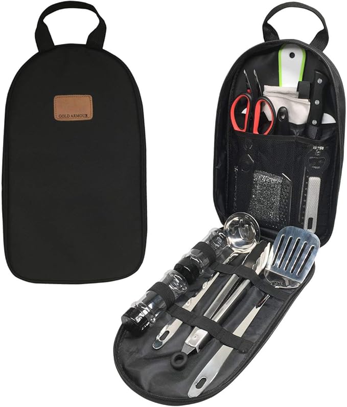 Camp Kitchen Utensil Organizer Travel Set Portable BBQ Camping Cookware Stainless Steel Utensils Travel Kit Outdoor Equipment Cutting Board Tongs Scissors Knife Ladle Spatula