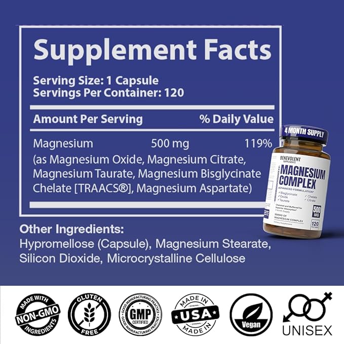 Magnesium Complex Supplement, 4 Month Supply of 500mg 5-in-1 Bisglycinate, Oxide, Taurate, Aspartate, Citrate, Max Absorption Magnesium Supplement for Calm, Sleep & Leg Cramps, 120 Capsule