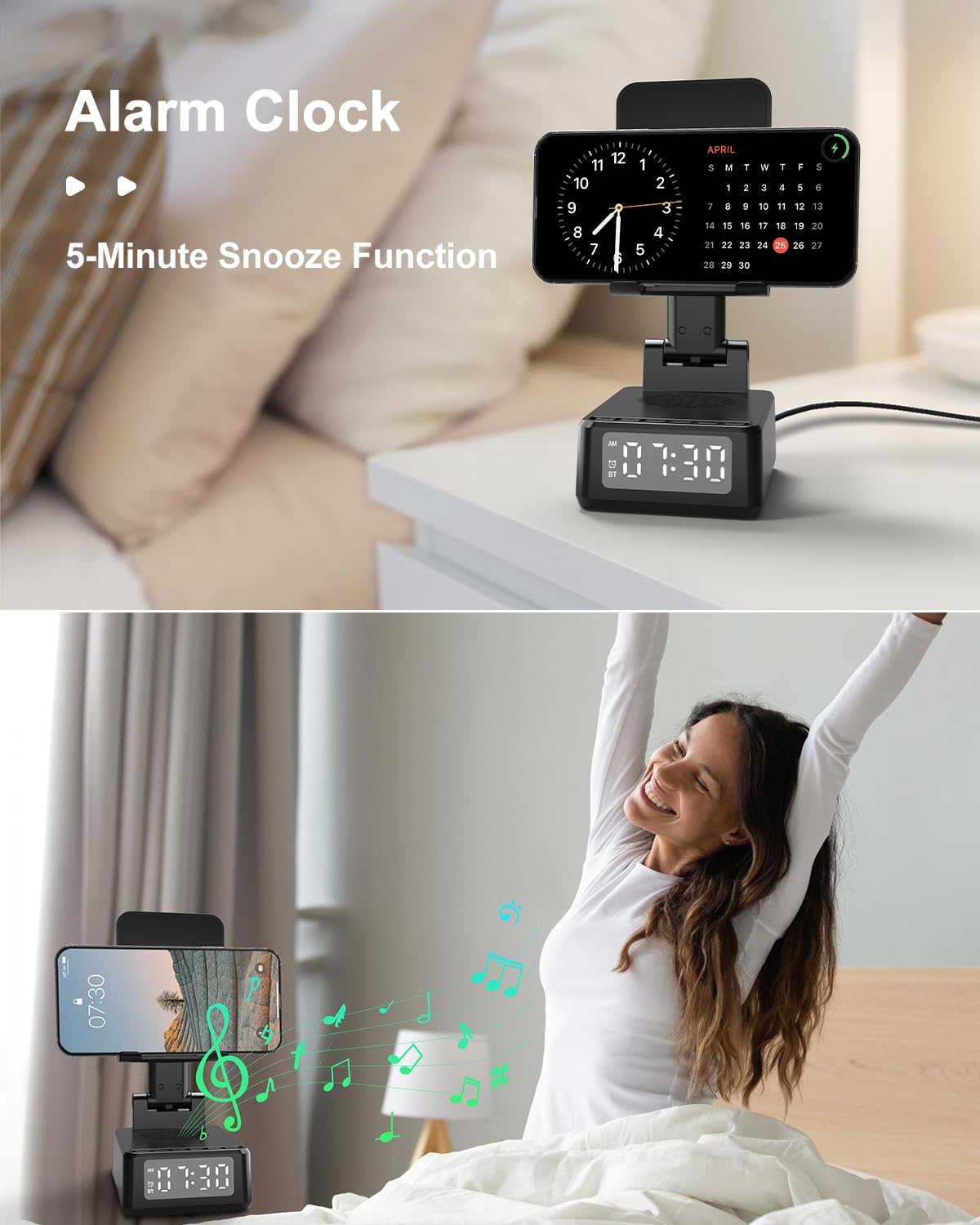 Birthday Gifts for Men Women, Bluetooth Speaker with Wireless Charger & Phone Stand, Gifts for Him, Foldable Angle & Height Stand with Alarm Clock, Ideal for Dad Mom, Tech Gadget Stocking Fillers