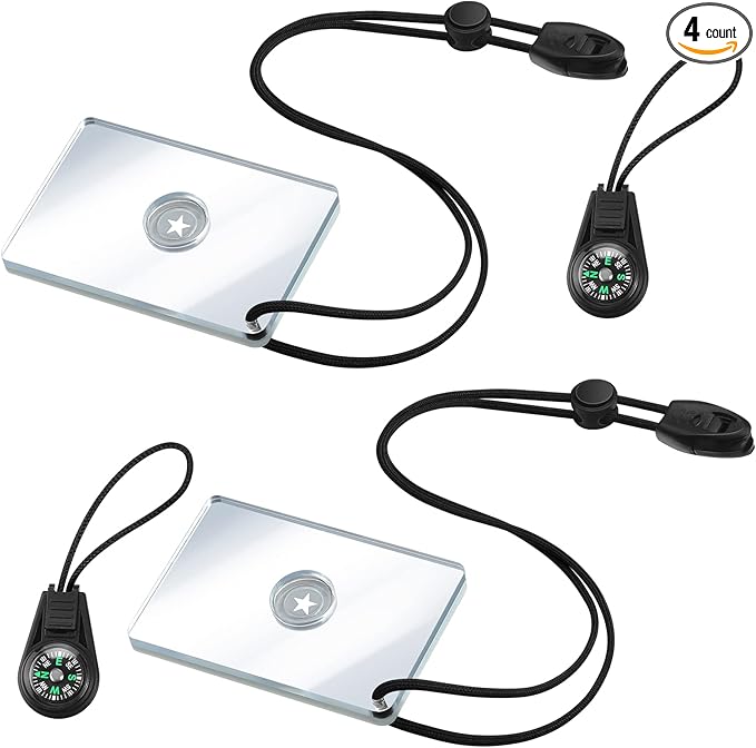 2 Pieces Signal Mirror Survival Camping Mirror 2 x 3 Inch Emergency Signaling PFD Rescue Whistle with 2 Pack Mini Compass for Hiking, Camping, Backpacking and Emergency Situations