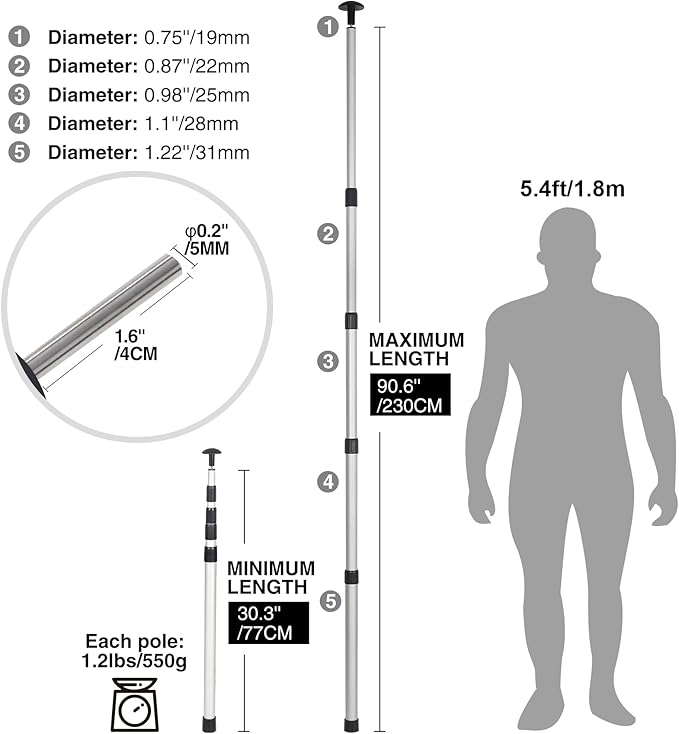 REDCAMP Aluminum Adjustable Camping Tarp Poles, 30in to 90in Telescoping Lightweight Tent Poles for Shelter, Awning, Hammock Rain Fly (Grey, Set of 2)