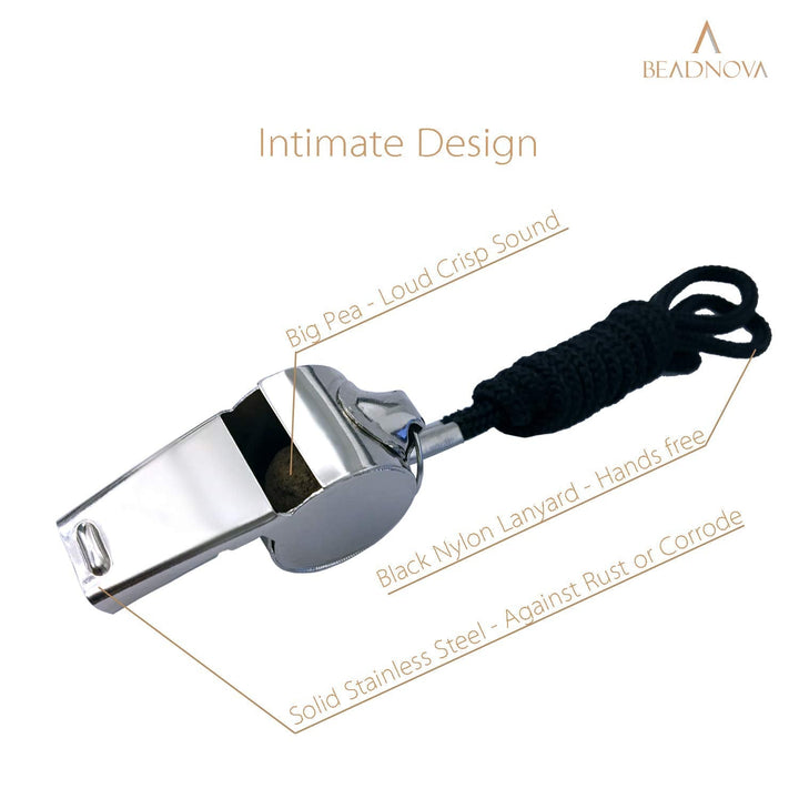 BEADNOVA Stainless Steel Whistle with Lanyard Coach Whistle Police Whistle Metal Whistles Sports Whistle Coaches Whistles (4 Pack, Silver)