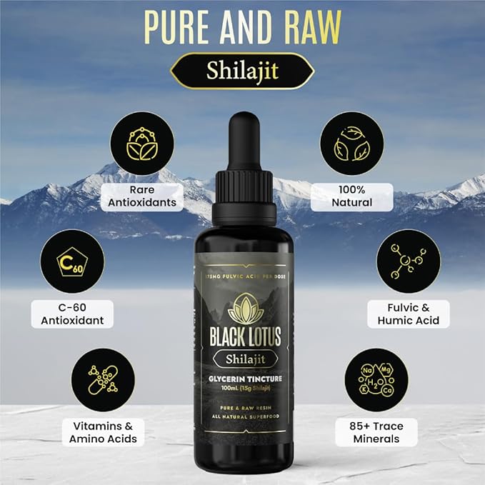 Black Lotus Pure Shilajit Resin Liquid Tincture, 100ml, 100% Pure Natural Shilajit for Men & Women with Amino Acids, 175mg Fulvic Acid, 85 Ionic Trace Minerals, for Immune Support, Focus, Energy