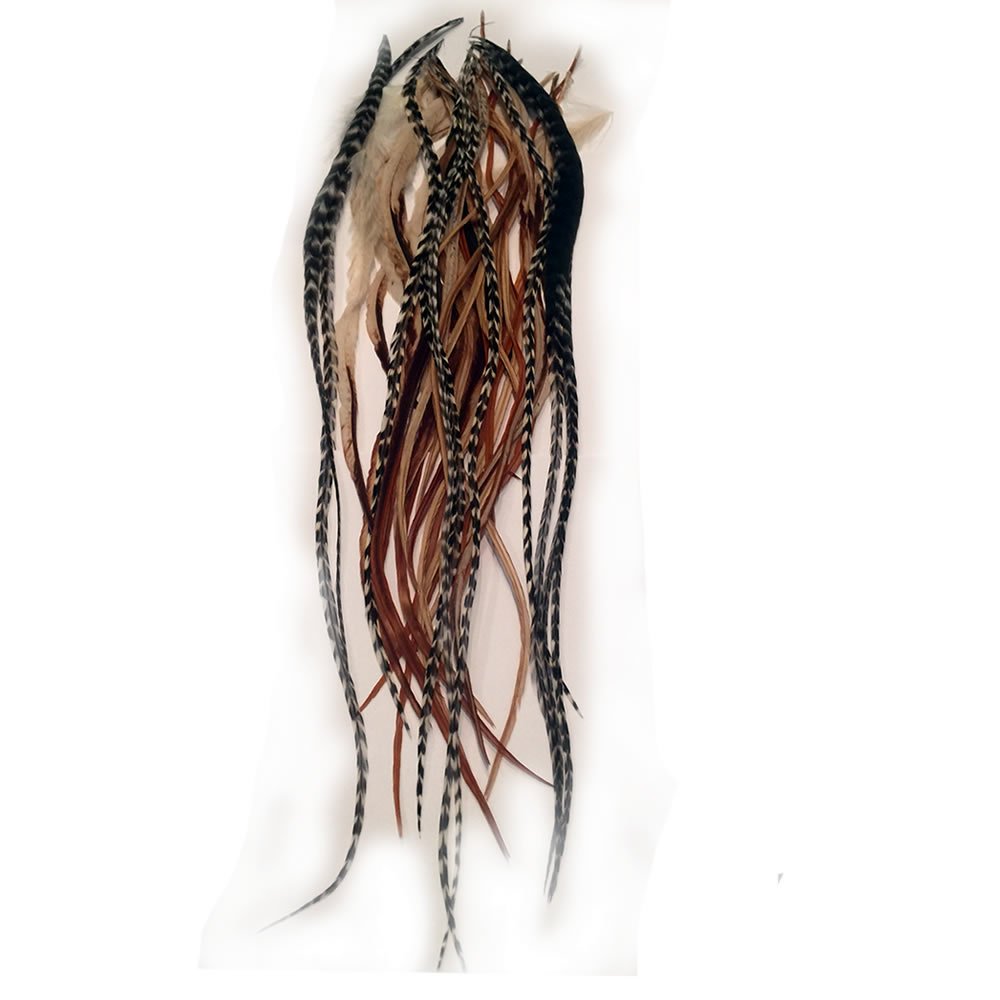 Sexy Sparkles Feather Hair Extension – 25 Loose Long Natural Rooster Feathers in Brown, Beige, and Grizzly, All Individual Feathers, Ranging From 6 to 11 Inches in Length