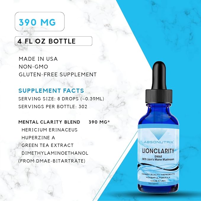 Absonutrix LionClarity, 390 mg, 4 FL Oz Liquid, 302 Servings, Made in USA, Plant-Based Ingredients, DMAE, Lion’s Mane, Huperzine A, Green Tea Extract, Non-GMO