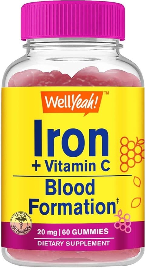 Iron Gummies with Vitamin C -Anemia and Cellular Energy Support, Promotes Red Blood Cell Formation - Energy & Immune System Support -Natural Grape Flavor-60 Gummies