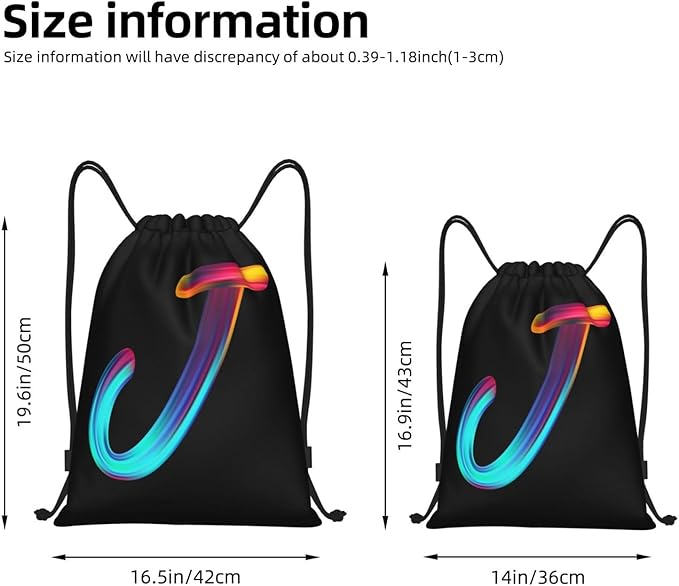 Drawstring Bags Initial Drawstring Backpack Sackpack Black Draw String Cinch Bags for Sports, Gym, Travel, Swimming, Beach, Camping, Rainbow Letter J