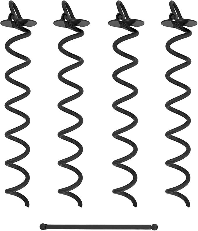7Penn Ground Anchors Screw in 4 Pack - 16 Inch Black Spiral Dog Leash Ground Anchor Tie Down - Heavy Duty RV Canopy Stakes for High Wind Camping Tents with 475 lbs Pull Force
