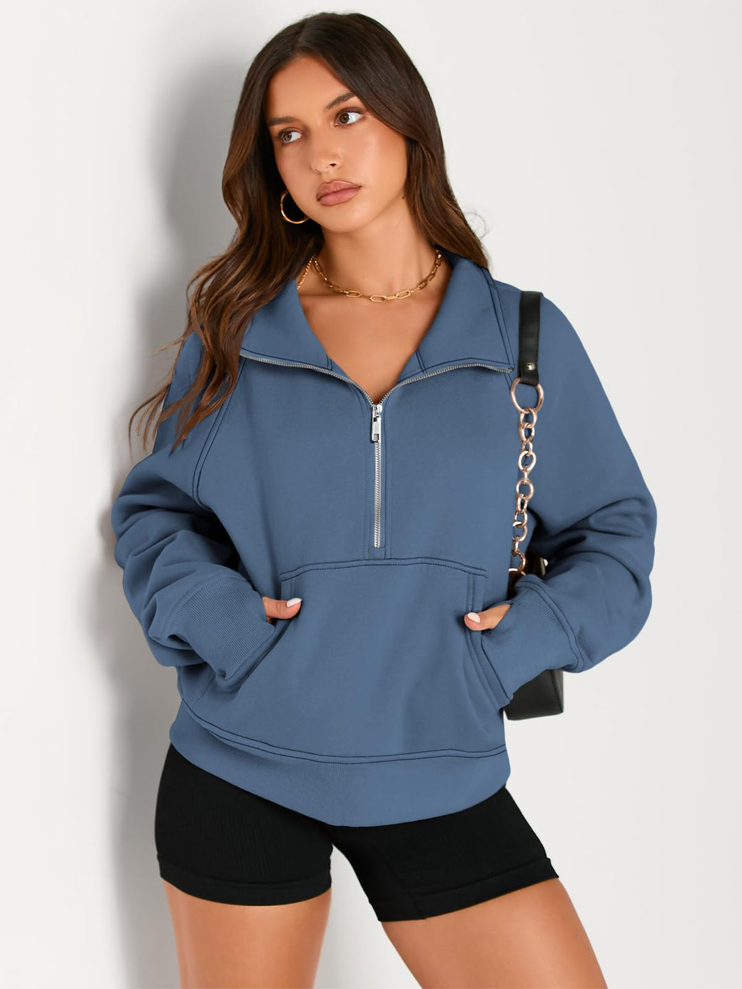 AUTOMET Womens Sweatshirts Half Zip Cropped Pullover Fleece Quarter Zipper Hoodies 2024 Fall Fashion Outfits Clothes Thumb Hole Blue