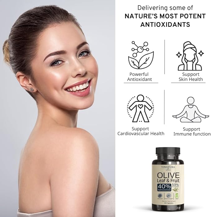 Olive Leaf Extract Hydroxytyrosol Supplement - 40% Hydroxytyrosol Olive Fruit Extract, 50% Oleuropein Olive Leaf Extract Capsules - 60 Capsules