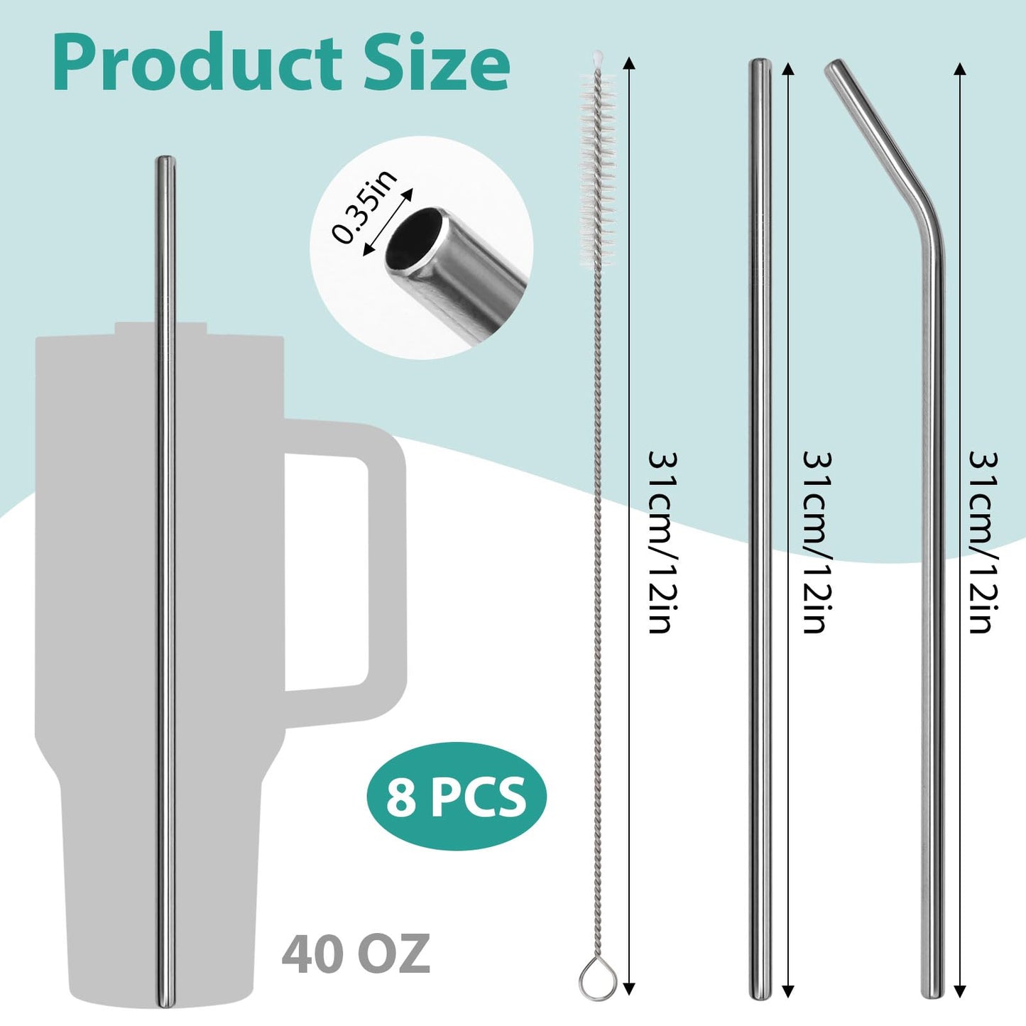 10 Pcs Metal Straw for Stanley Cup 40 oz with Straw Brush and Velvet Bag for Smoothie, Milkshake, Cocktail and Hot Drinks