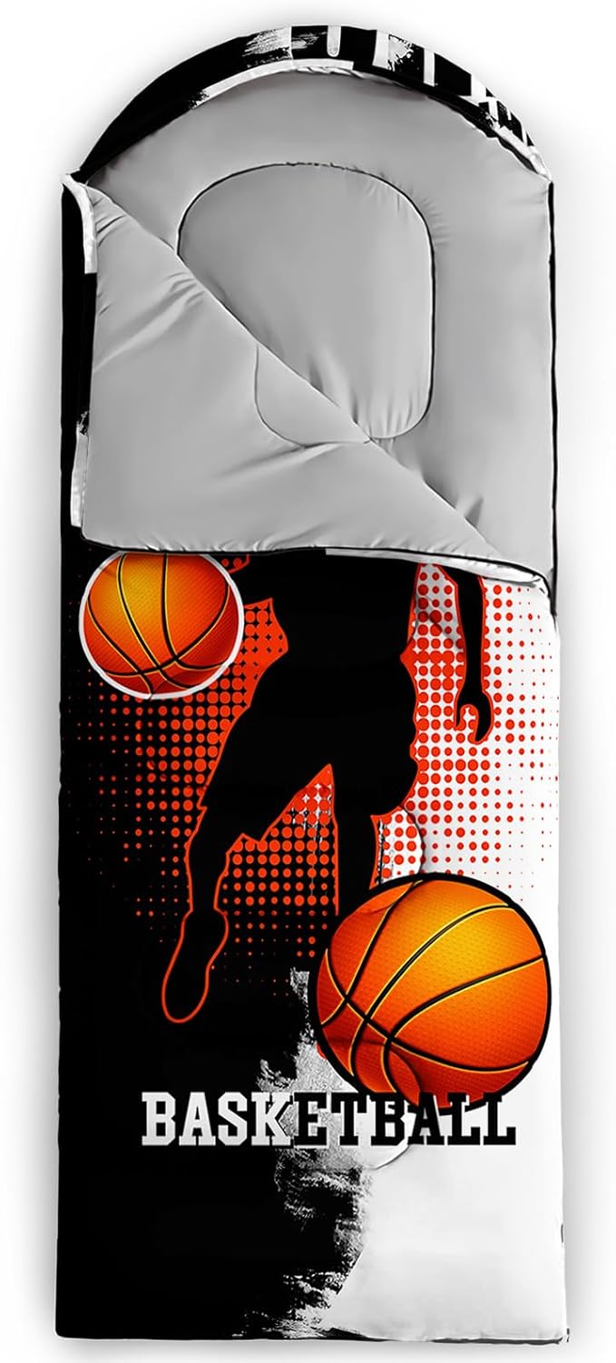 AILONEN Boys Sports Camping Sleeping Bags,Lightweight & Waterproof,3 Season Warm & Cool Weather,Black Player Basketball Sleeping Bags for Kids Adults,Travelling,Outdoors