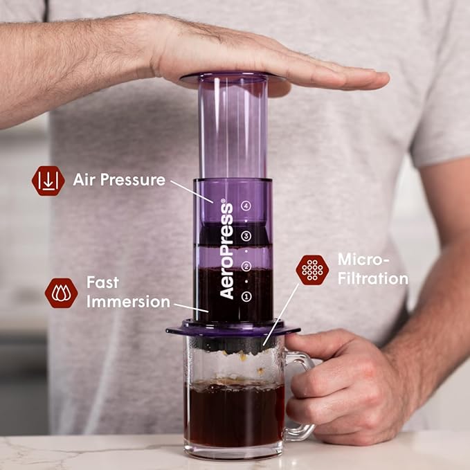 AeroPress Clear Purple Coffee Press – 3 In 1 Brew Method Combines French Press, Espresso, Full Bodied Coffee Without Grit or Bitterness, Small Portable Coffee Maker for Camping & Travel, Purple