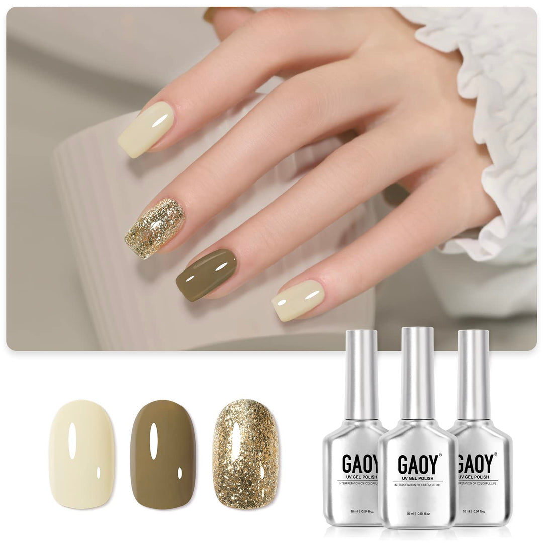 Gaoy Gel Nail Polish Kit, 3 Colors 16Ml Moss Green Gold Glitter, Soak Off Uv Gel Polish Set - Moss Carpet