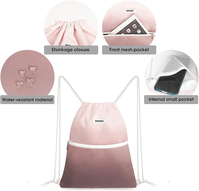 WANDF Drawstring Backpack String Bag Sackpack Cinch Water Resistant Nylon for Gym Shopping Sport Yoga (Dark Pink)