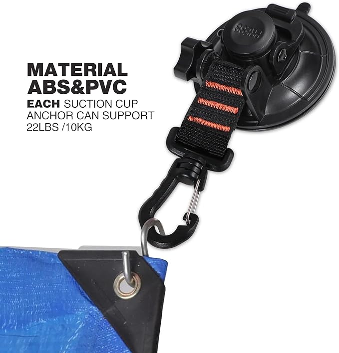 REDCAMP 4Pcs Heavy Duty Suction Cup Anchor for Glass Window Suction Hooks Strong Vacuum Suction Cups with Securing Hook Tie Down, Camping Tarp Accessory as Car Side Awning
