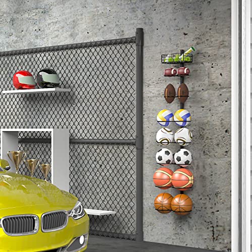 8 Tier Detachable Wall Mounted Basketball Rack, Vertical/Horizontal Football Holder, DIY1/2/3/4 Soccer Stand, Height-Adjustable Multifunctional Ball Rack With Basket For Garage, Tool Room,Bedroom