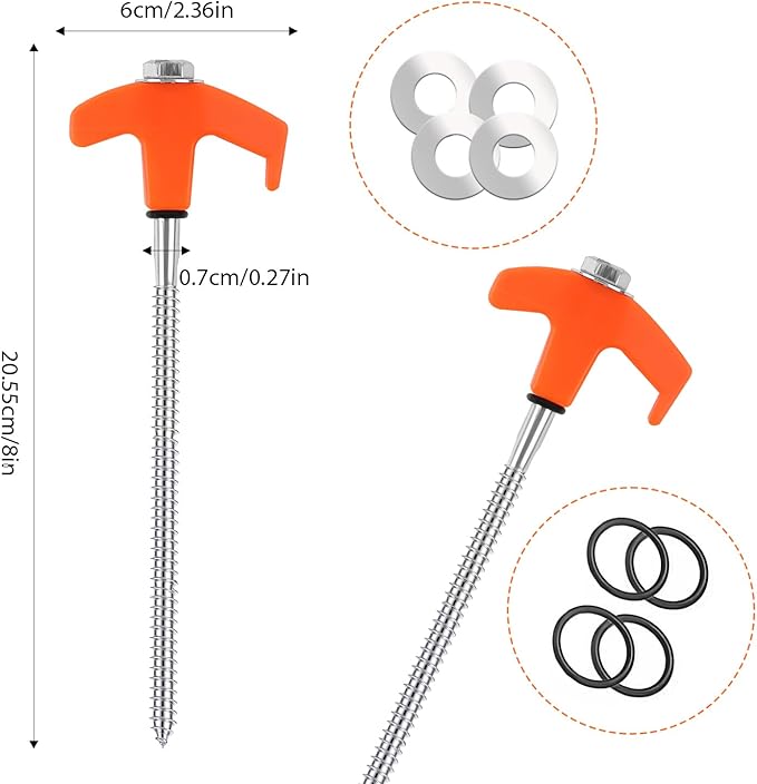 8" Screw in Tent Stakes - Ground Anchors Screw in, New Metal Threaded Tent Spikes, Screw in Tent Stakes Heavy Duty, Tent Stakes for Outdoor Camping (4 PCS)