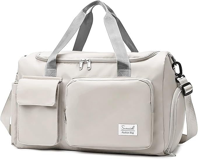 Travel Duffel Bag with Shoes Compartment Sports Gym Bag with Dry Wet Separated Pocket for Men and Women, Overnight Bag Weekender Bag Training Handbag Yoga Bag - White Gray