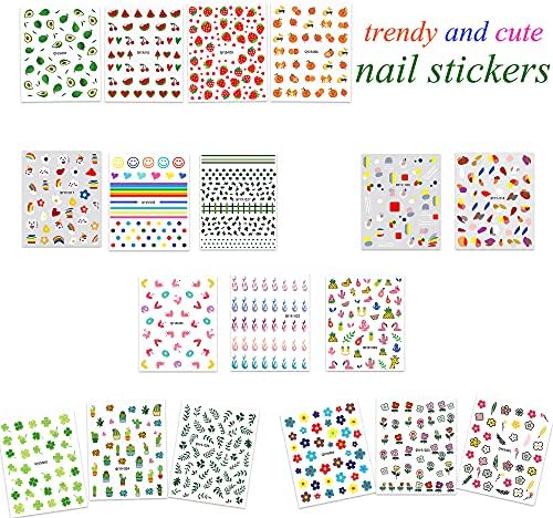 18 Sheets Nail Stickers for Women and Little Girls Nail Art Decoration - Self-Adhesive DIY Nail Decals Set Including Hearts Fruits Flowers Leaves Animals Rainbow Nail Art Stickers for Woman Kids
