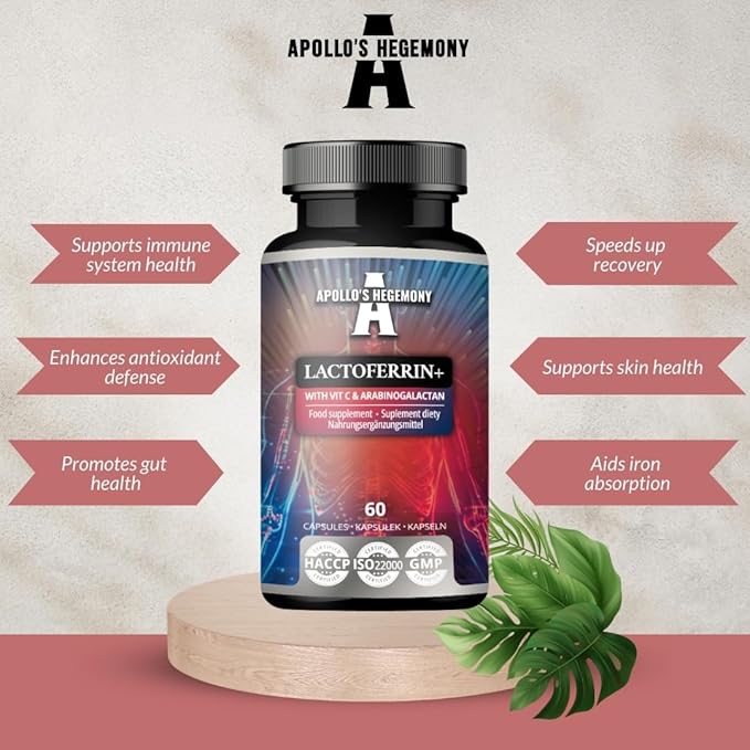APOLLO'S HEGEMONY Lactoferrin+ 100 mg - with Vitamin C and Arabinogalactan - 60 Vegan Capsules - 2 Month Supply - for Enhanced Immunity and Iron Absorption