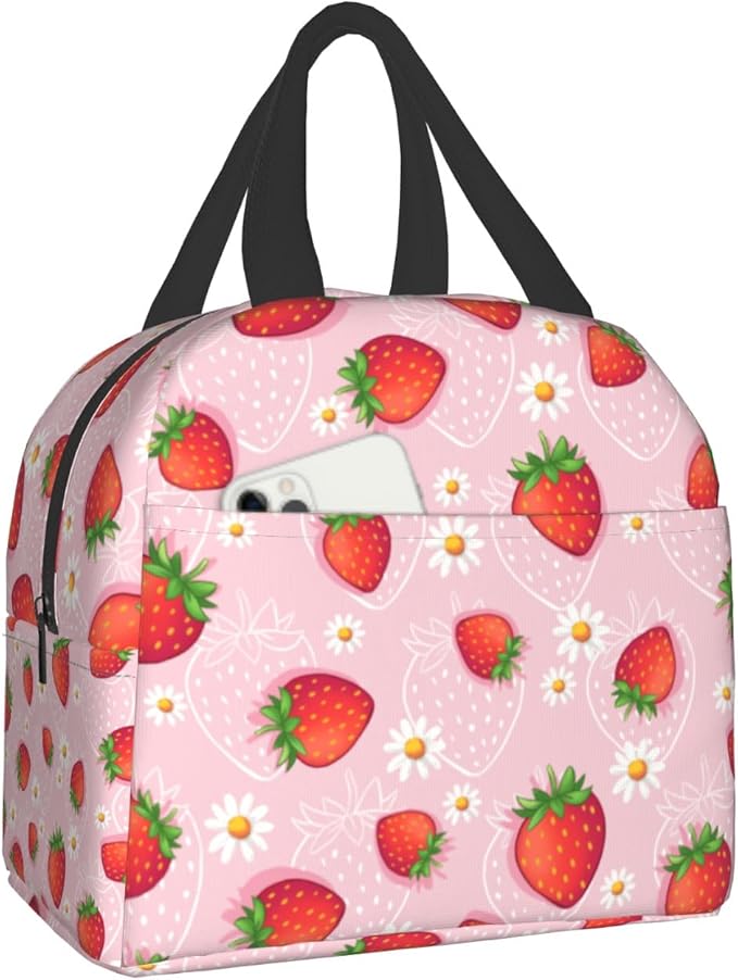 Imiss Strawberry Lunch Bag for Girls Women, Cute Fruit Strawberry Reusable Insulated Lunch Tote with Pocket Lunch Box for School Work Picnic