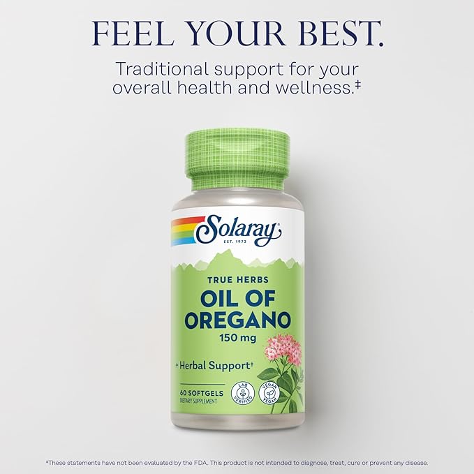SOLARAY Oil of Oregano Softgels 150 mg - Oregano Oil Supplement for Powerful Wellness Support - Gentle Digestion - Extra Virgin Olive Oil Base - Vegan, 60-Day Guarantee - 60 Servings, 60 Softgels