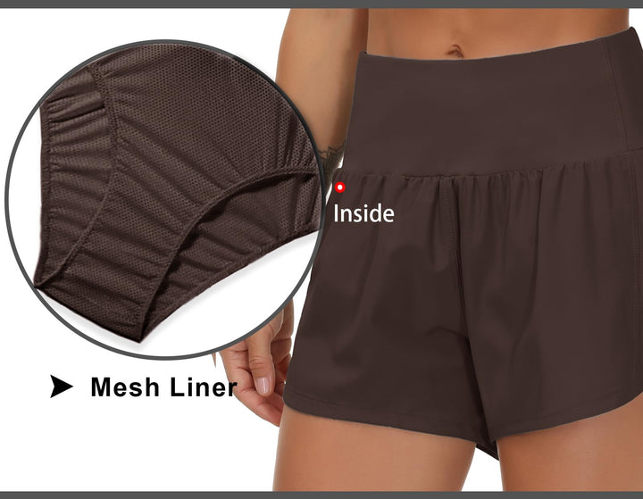 THE GYM PEOPLE Womens High Waisted Running Shorts Quick Dry Athletic Workout Shorts with Mesh Liner Zipper Pockets Brown