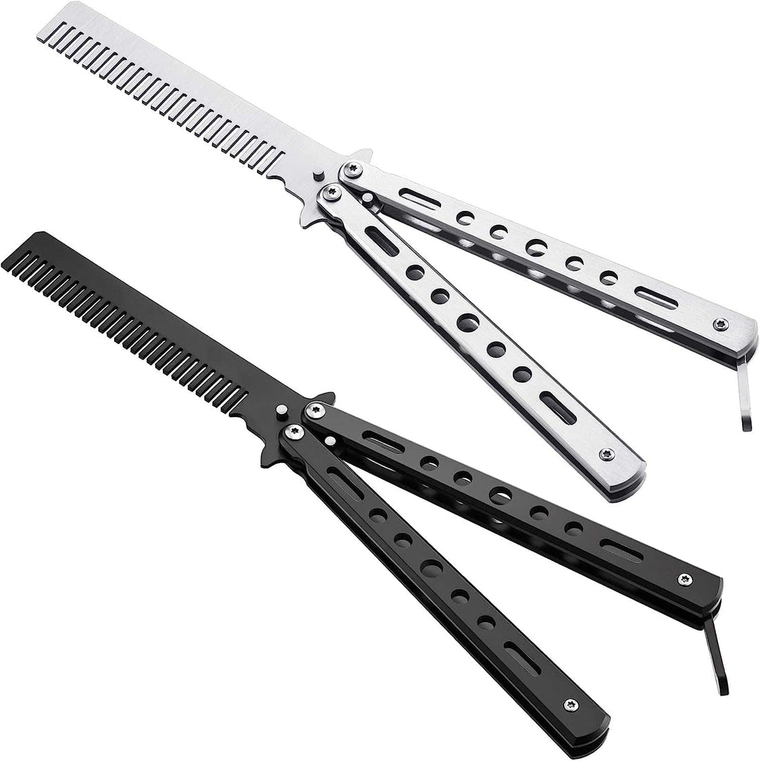 2 Pieces Combs Stainless Steel Folding Practice Combs Hair Styling Tools For Sport Outdoor Use (Black, Silver)