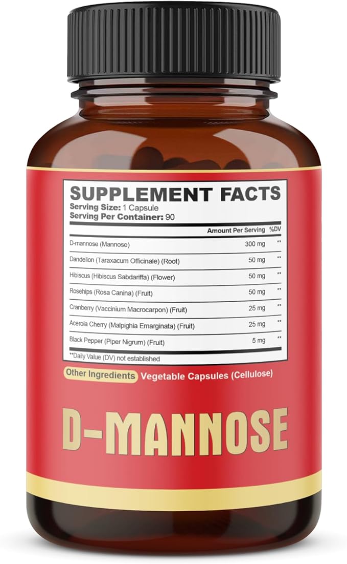 D-Mannose Capsules - 7 Herbs with Cranberry, Dandelion, Hibiscus and More - Support Flush Impurities and Urinary Tract Health - 90 Vegan Capsules 3-Month Supply
