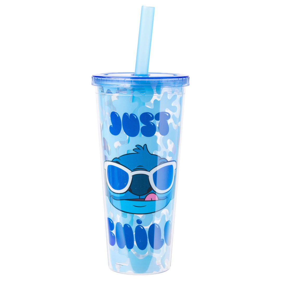 Silver Buffalo Lilo and Stitch Just Chill Plastic Boba Tumbler w Lid and Straw, 24 Ounces