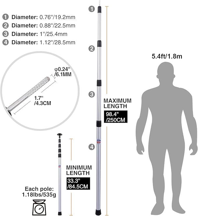 REDCAMP 33-98'' Aluminum Adjustable Camping Tarp Poles, Set of 2, 90" Telescoping Lightweight Tent Poles for Shelter, Hammock Rain Fly, Awning