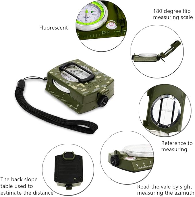 AOFAR Military Compass and Fire Starter AF-4580/381 Lensatic Sighting, Survival Kit,Waterproof and Shakeproof Measure Distance Calculator and Pouch for Camping, Hiking, Hunting, Backpacking