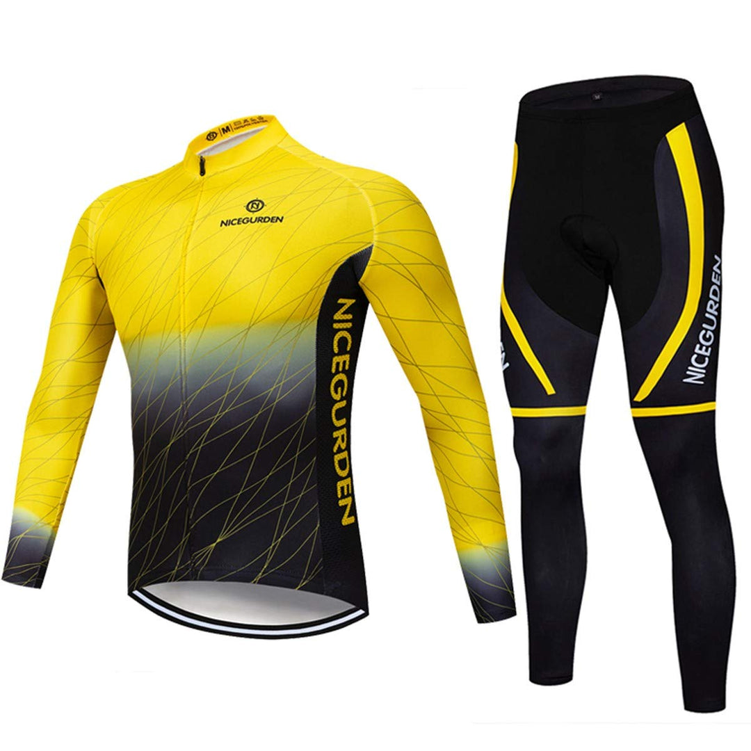 NICEGURDEN Long Sleeve Jersey Shirt Cycling Suits Set Shirt 3D Padded Pants, Sportswear Mountain Bike Wear Breathable Fitness Clothing (L, Yellow)