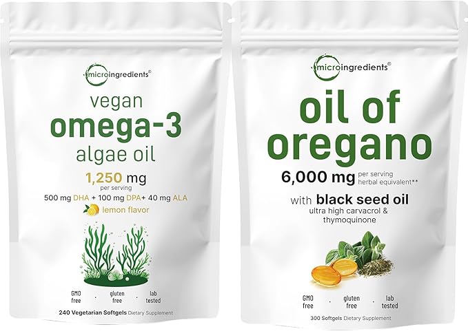 Micro Ingredients Oil of Oregano Softgels 300 Count & Vegan Omega 3 Algae Oil Supplement Bundle 2 Pack | Carvacrol & Thymoquinone | Full Spectrum Omega-3 Alternative