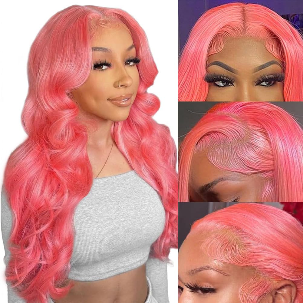 EAGERA Pink Lace Front Wig Human Hair 13x4 Hd Lace Pink Body Wave Lace Front Wig Human Hair with Baby Hair Colored Wig Human Hair Pre Plucked 180% Density 32 Inch