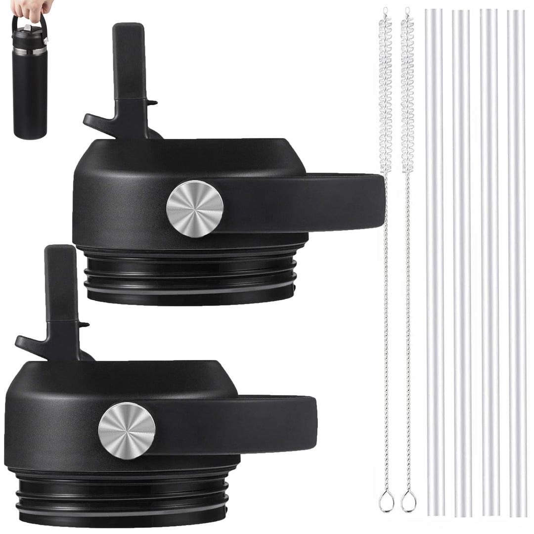 Straw lid for Yeti Rambler 18 26 36 64 oz, Lid with Straws and Flexible Handle, Replacement Cap for Yeti 18oz 26oz 36oz 64oz Rambler Water Bottle Straw Cap (Black - 2 Pack)