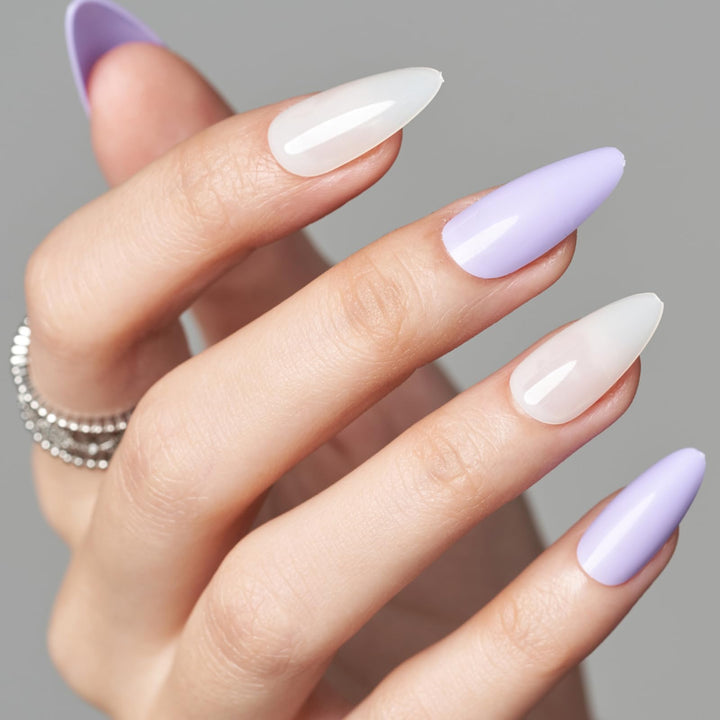 GLAMERMAID Press on Nails Medium Almond, Spring Summer Purple and White Gel Glue on Nail, 24Pcs Glossy Short Stiletto Reusable UV Finish Fake Nails Acrylic False Nails Manicure Kits for Women