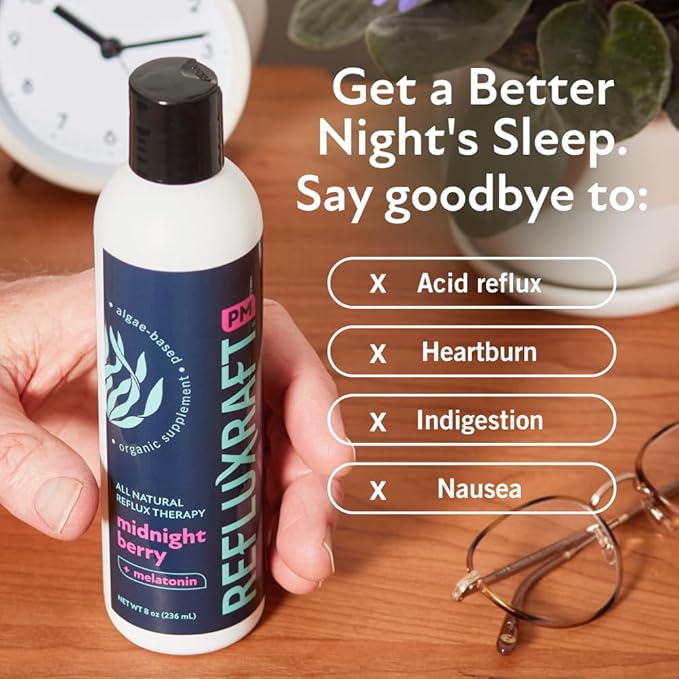 Acid Reflux Therapy PM with Organic Alginate & Melatonin, Rapid & Lasting Gerd, LPR & Digestion Symptom Support, Zero Sugar, Gluten Free, Midnight Berry, 47 Gel Servings, 8 OZ Bottle