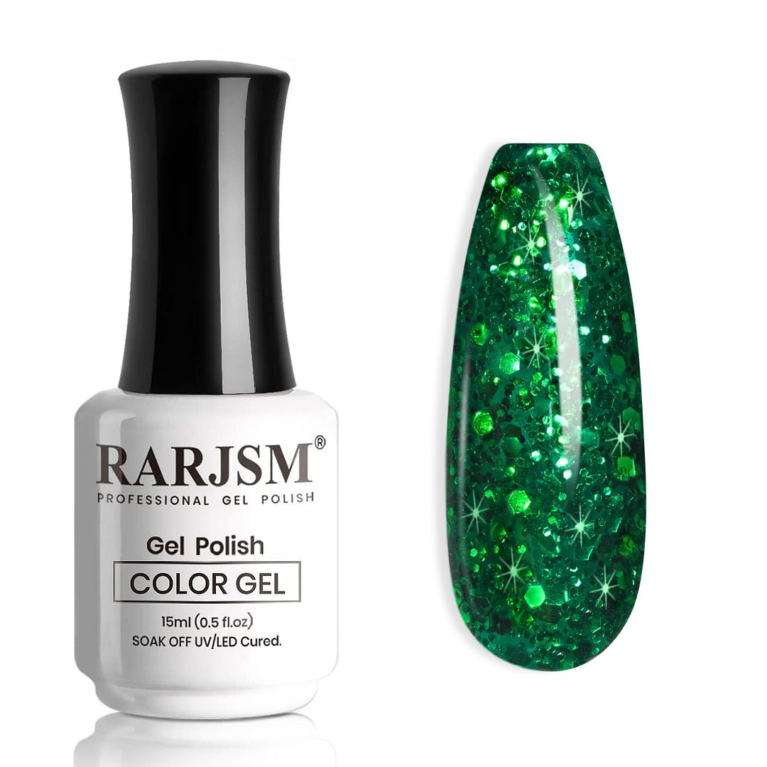 RARJSM Green Glitter Gel Nail Polish Diamond Mermaid Green Sparkly Chunky Shimmer Pigments Nail Gel Polish Soak off Led UV Curing Required for Nail Art Salon Fall Winter Christmas Manicure 15ml