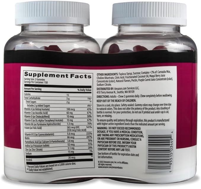 Amazon Basics Adult Multivitamin Gummies, Mixed Berry & Cherry, 150 Gummies, 75-Day Supply, Pack of 2 (Previously Solimo)