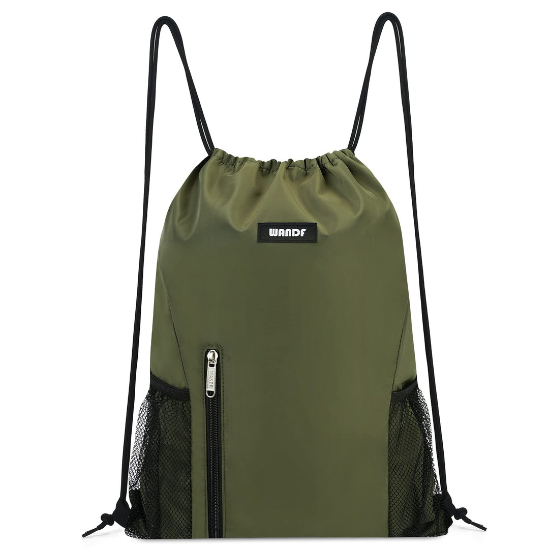 WANDF Drawstring Backpack Sports Gym Sackpack with Mesh Pockets Water Resistant String Bag for Women Men (Dark Green)
