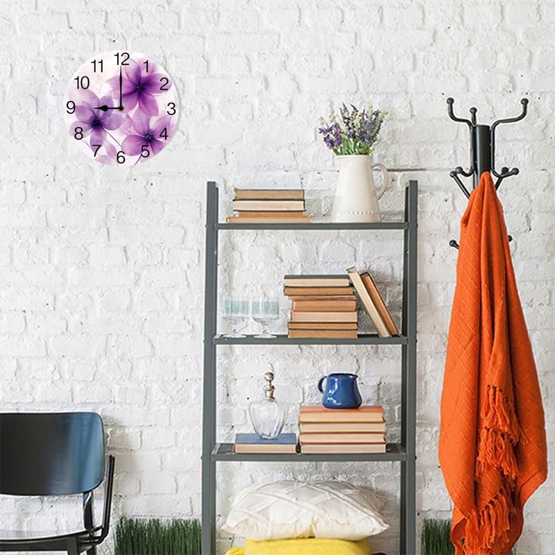 Geroclonup Round Wall Clocks Purple Flowers Wood Quartz Battery Operated Rustic Home Decor Handing Clocks for Living Room Kitchen Bedroom Bathroom Large Numbers Silent -25 cm