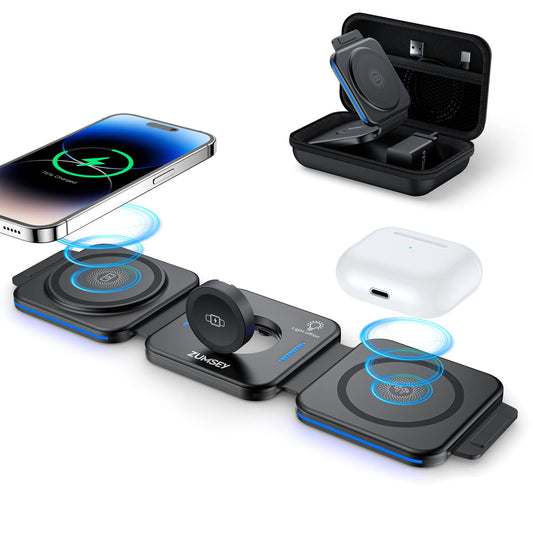 ZUMSEY 3 in 1 Foldable Apple Wireless Charger, Travel Wireless Charging Station for iPhone 16/15/14/13/12 Series, Apple Watch Charger for iWatch 10/9/Ultra 2/Ultra/8/7/6/SE/5/4/AirPods 4/3/2/Pro