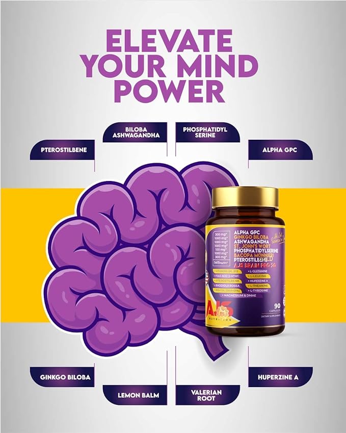 AJS Alpha GPC Nootropic Brain Supplement,Phosphatidylserine,St. John'sWort Ginkgo Biloba,Ashwagandha,Bacopa Monnieri,Pterostilbene,Magnesium Glycinate,Ginkgo Biloba,5-MTHF,Huperzine A 60CT,90 capsules