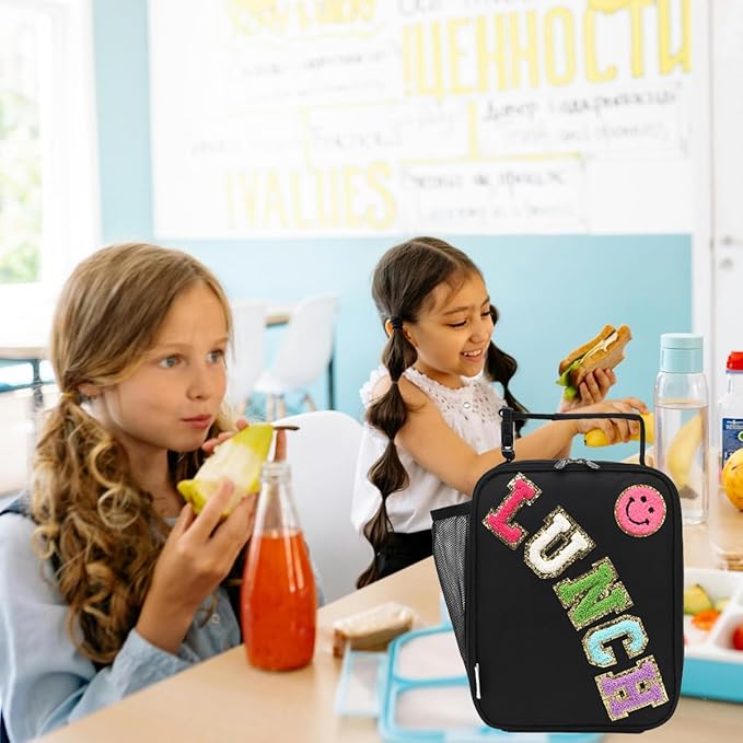 Insulated Lunch Bag for Women Girl Teen large Insulated Kid Lunch Bag,Large Reusable Cute Cooler Bag for School Work Picnic,Black Alphabet