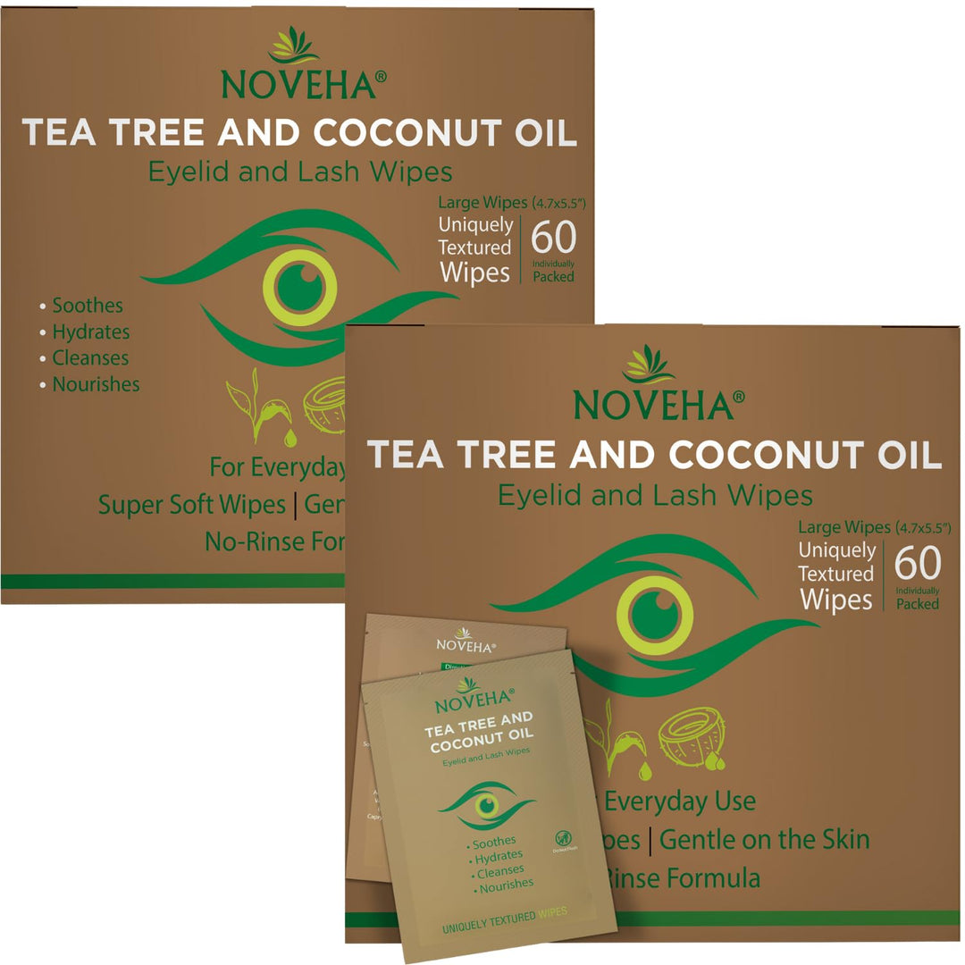 NOVEHA Tea Tree & Coconut Oil Eyelid & Lash Wipes | For Demodex, Blepharitis & Itchy Eyes, Box Of 60 Individually Wrapped Eyelash Wipes With Aloe Vera, Natural Makeup Remover & Daily Eye Cleanser